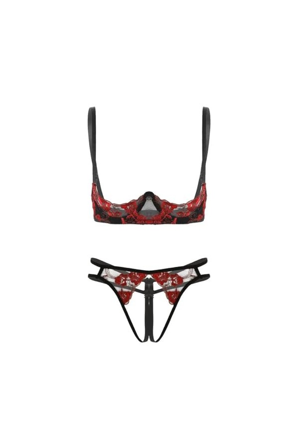 Sexy Lingerie Érotique Femme Ensemble De Lingerie en Dentelle Florale Brodée Nu,Rouge,Onesize