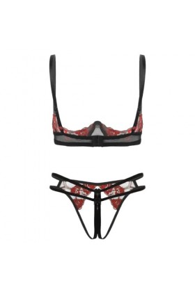 Sexy Lingerie Érotique Femme Ensemble De Lingerie en Dentelle Florale Brodée Nu,Rouge,Onesize