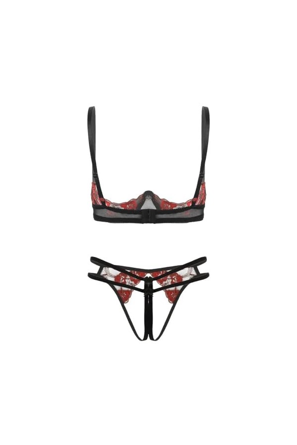Sexy Lingerie Érotique Femme Ensemble De Lingerie en Dentelle Florale Brodée Nu,Rouge,Onesize