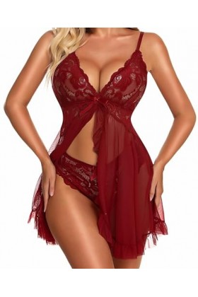 MZGN Nuisette Transparent Dentelle Lingerie Femme Sexy sous-vêtements Front Ouverte Babydoll Perspective Vetements de Nuit Re