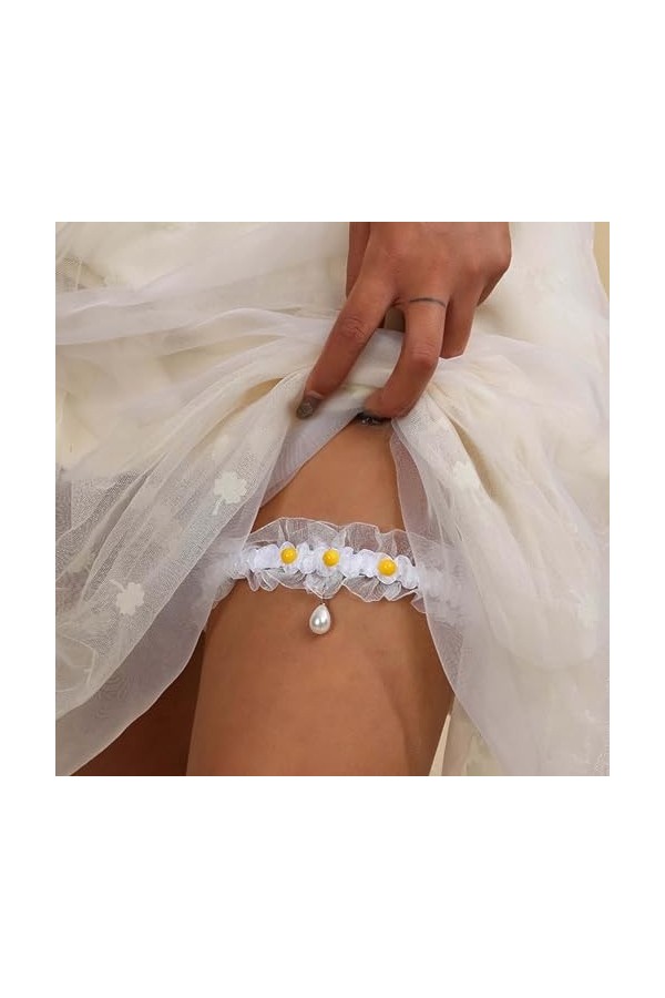 Wendalern Jarretières de mariage pour mariée en dentelle blanche avec strass et pompon en dentelle - Anneau classique fait à 