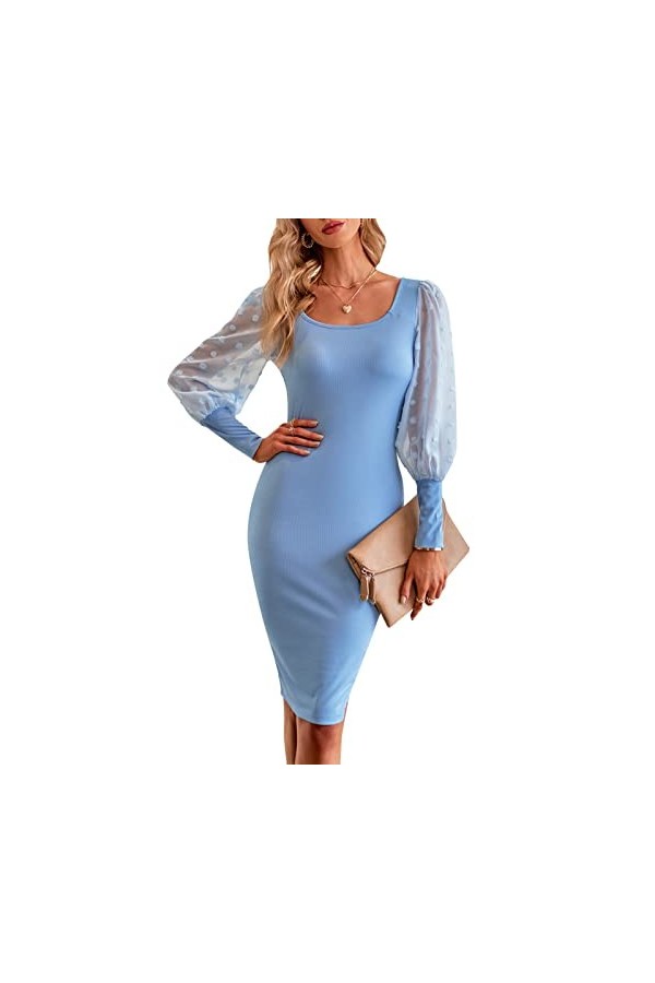 dsheng Robe Slim à Manches Longues Stretch Midi Irrégulière Hip Hem Design Mesh Patchwork Bodycon Dress 9 