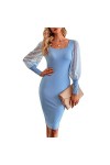 dsheng Robe Slim à Manches Longues Stretch Midi Irrégulière Hip Hem Design Mesh Patchwork Bodycon Dress 9 