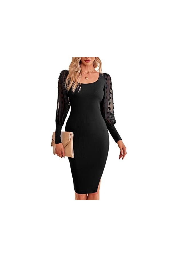 dsheng Robe Slim à Manches Longues Stretch Midi Irrégulière Hip Hem Design Mesh Patchwork Bodycon Dress 9 