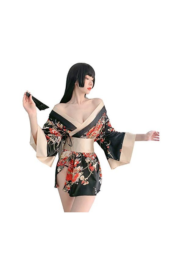 SINMIUANIME Lingerie sexy pour femme - Robe kimono japonaise rétro - Cosplay - Kimono japonais 7966Noir 