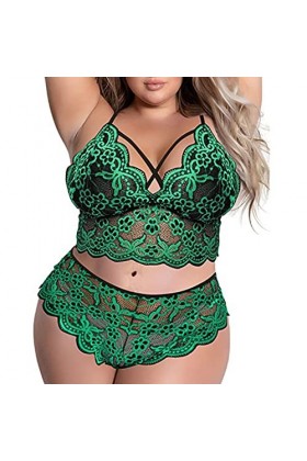 Femmes Rouge Grande Taille Sexy Lingerie Col V Taille Haute Dentelle Florale Soutien-gorge et Culotte Ensemble 2 Pièces Sans 