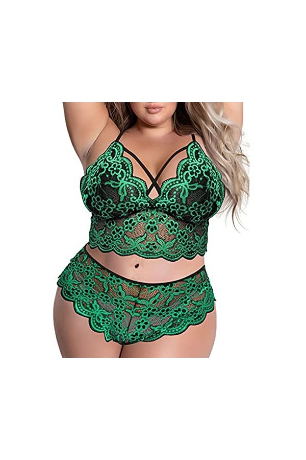 Femmes Rouge Grande Taille Sexy Lingerie Col V Taille Haute Dentelle Florale Soutien-gorge et Culotte Ensemble 2 Pièces Sans 