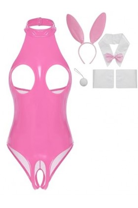 JEATHA Costume De Lapin Sexy Femme Bodysuit Sexy Ouvert Poitrine Catsuit Similicuir Sans Manches Ensemble Lingerie Séduction 