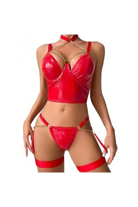 liaddkv Costume de cosplay sexy pour femme - Ensemble lingerie en dentelle à lanières et culotte - Lingerie noire rouge, M 