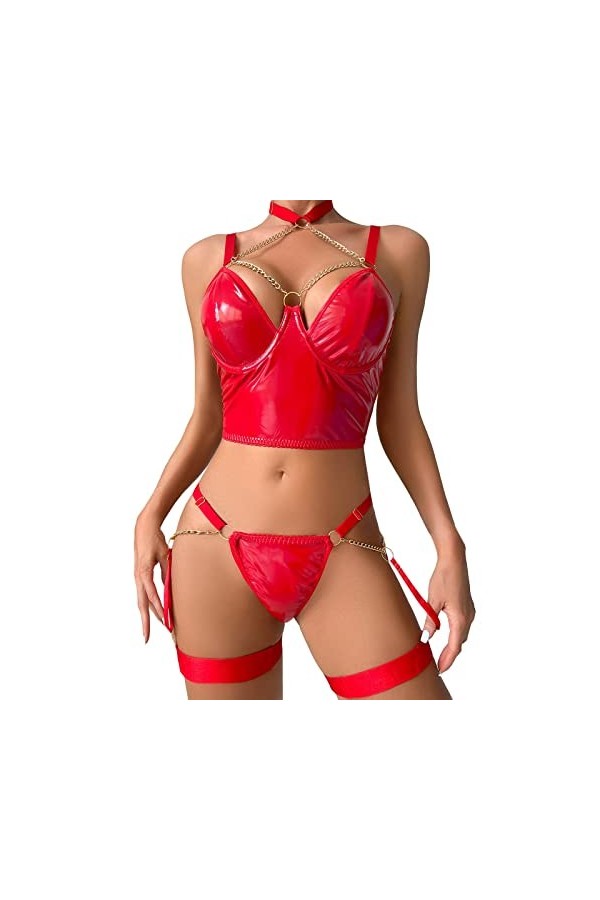 liaddkv Costume de cosplay sexy pour femme - Ensemble lingerie en dentelle à lanières et culotte - Lingerie noire rouge, M 
