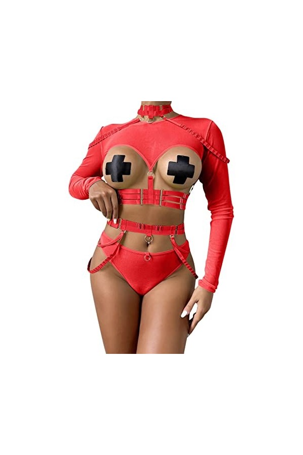 Lingerie Femme Sexy Ensemble Homme Sexy Hot y*2*k Femmes à la Mode à Manches Longues Sangle Contraste Maille Couture sous-vêt