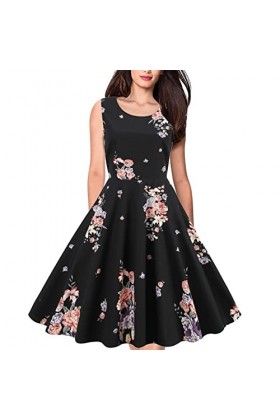 Robe De Cérémonie pour Femme Ronde - Col Rond sans Manches Imprimé Vintage Audrey Hepburn Grande Robe Balançoire Robe Jupe Sh