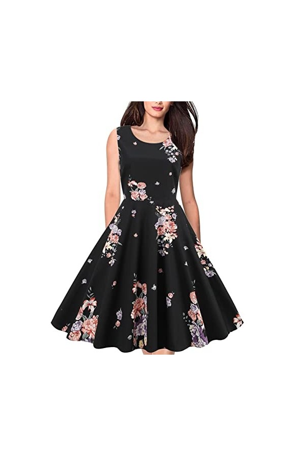 Robe De Cérémonie pour Femme Ronde - Col Rond sans Manches Imprimé Vintage Audrey Hepburn Grande Robe Balançoire Robe Jupe Sh