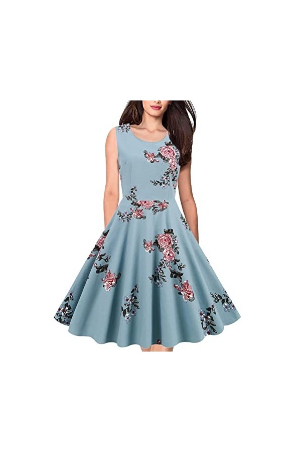 Robe De Cérémonie pour Femme Ronde - Col Rond sans Manches Imprimé Vintage Audrey Hepburn Grande Robe Balançoire Robe Jupe Sh