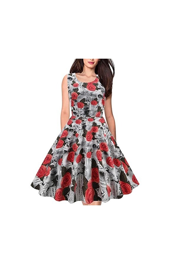 Robe De Cérémonie pour Femme Ronde - Col Rond sans Manches Imprimé Vintage Audrey Hepburn Grande Robe Balançoire Robe Jupe Sh