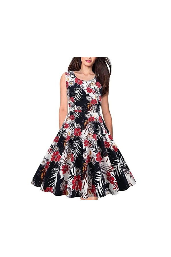 Robe De Cérémonie pour Femme Ronde - Col Rond sans Manches Imprimé Vintage Audrey Hepburn Grande Robe Balançoire Robe Jupe Sh