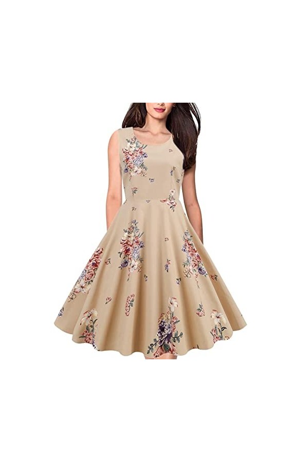 Robe De Cérémonie pour Femme Ronde - Col Rond sans Manches Imprimé Vintage Audrey Hepburn Grande Robe Balançoire Robe Jupe Sh