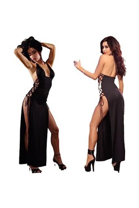 PONNYC Backless Suspender Maxi Jupe Sexy Oversized Femmes sous-vêtements Sexuels Erotic Split Cheongsam Lacing Black Long Dre