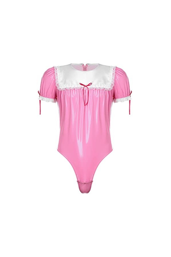 inlzdz Homme Lingerie Sissy Déguisement Costume Soubrette Sexy Robe Cuir Verni Body Dentelle Maillot de Corps Entrejambe Zip 