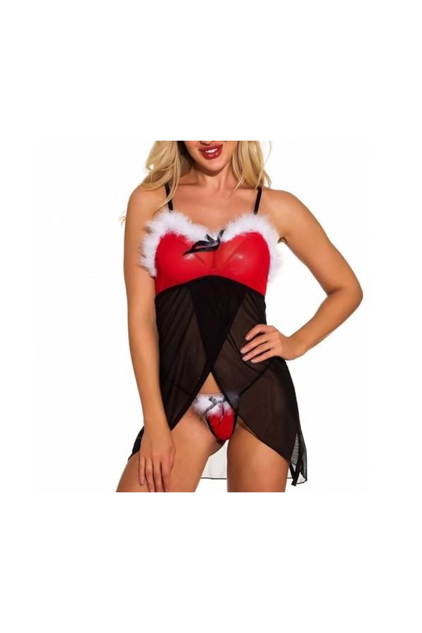 Lingerie Sexy pour Femmes - Conception De Coutures De Bord en Peluche De Couleur Assortie Jupe De Tenues Érotiques De Noël Do