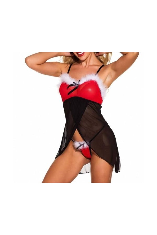 Lingerie Sexy pour Femmes - Conception De Coutures De Bord en Peluche De Couleur Assortie Jupe De Tenues Érotiques De Noël Do
