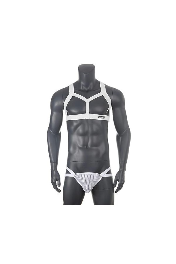 Hommes Corps Poitrine Harnais Strings Ensemble Élastique Bandoulière Lingerie Jockstrap G String Costume Sexy Tops-Blanc-M