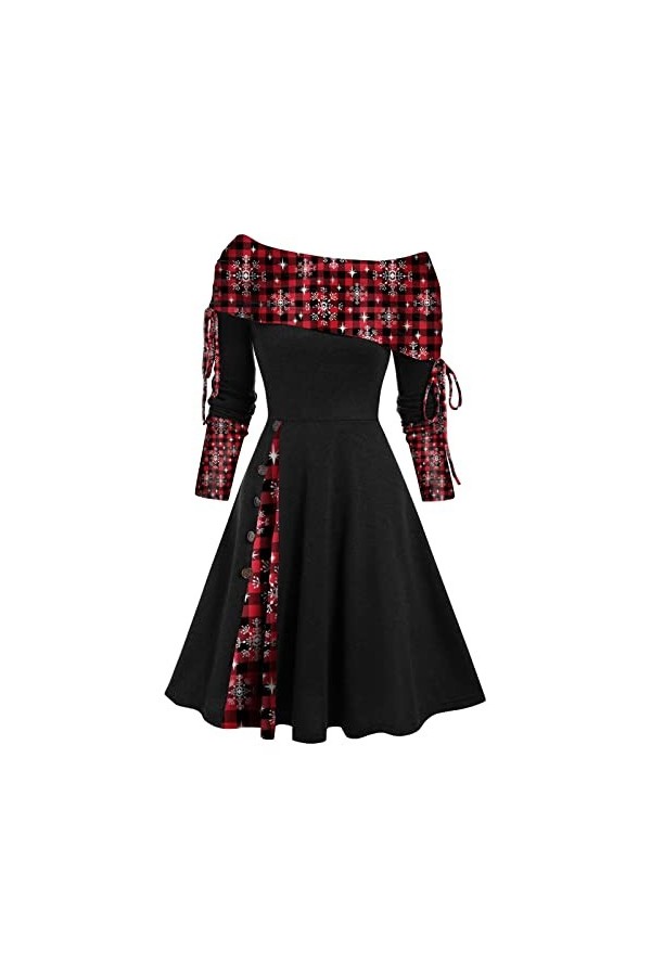 Robe de Noël pour femme - Imprimé années 50 - Robe de fête - Manches longues - Épaules dénudées - Boutons - Élégante - Mini r