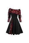 Robe de Noël pour femme - Imprimé années 50 - Robe de fête - Manches longues - Épaules dénudées - Boutons - Élégante - Mini r