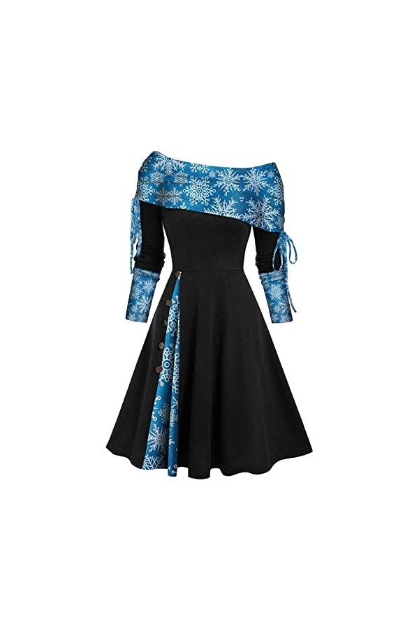 Robe de Noël pour femme - Imprimé années 50 - Robe de fête - Manches longues - Épaules dénudées - Boutons - Élégante - Mini r