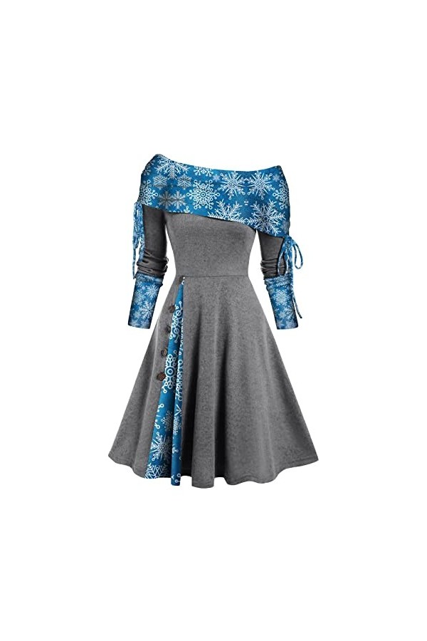 Robe de Noël pour femme - Imprimé années 50 - Robe de fête - Manches longues - Épaules dénudées - Boutons - Élégante - Mini r