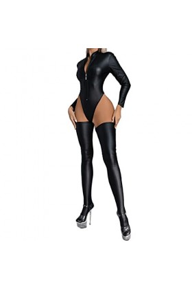 WhOpro Lingerie Avec Fermeture Éclair Femme PU Huile Lumineuse Boîte De Nuit Lumineuse Fermeture Éclair Manches Longues Colla