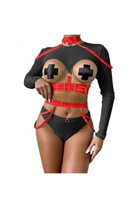 Lingerie Femme Sexy Ensemble Homme Sexy Hot y*2*k Femmes à la Mode à Manches Longues Sangle Contraste Maille Couture sous-vêt