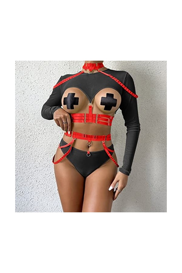 Lingerie Femme Sexy Ensemble Homme Sexy Hot y*2*k Femmes à la Mode à Manches Longues Sangle Contraste Maille Couture sous-vêt