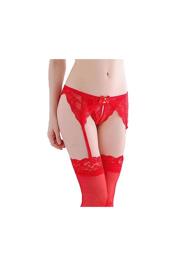 WEITING Femmes Sexy Dentelle Cuisse Transparente Jarretière sans Culotte Bretelles Réglables Bowknot Ceinture Bas sous-Vêteme