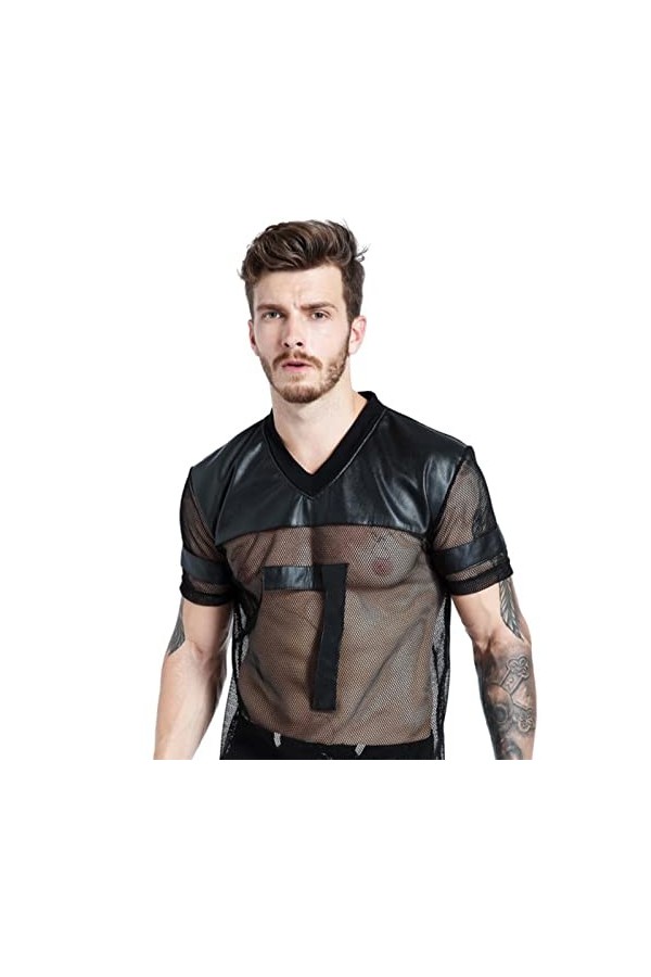 Sexy Hommes T-Shirt Résille PU Faux Cuir Mesh Chemises Voir Tops Tee Manches Courtes Stage Clubwear-Noir,S