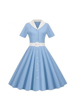 Robe vintage Hepburn années 50 - Col à revers - Boutonné - Manches courtes - Bleu - Robe décontractée cintrée - Robe de plage