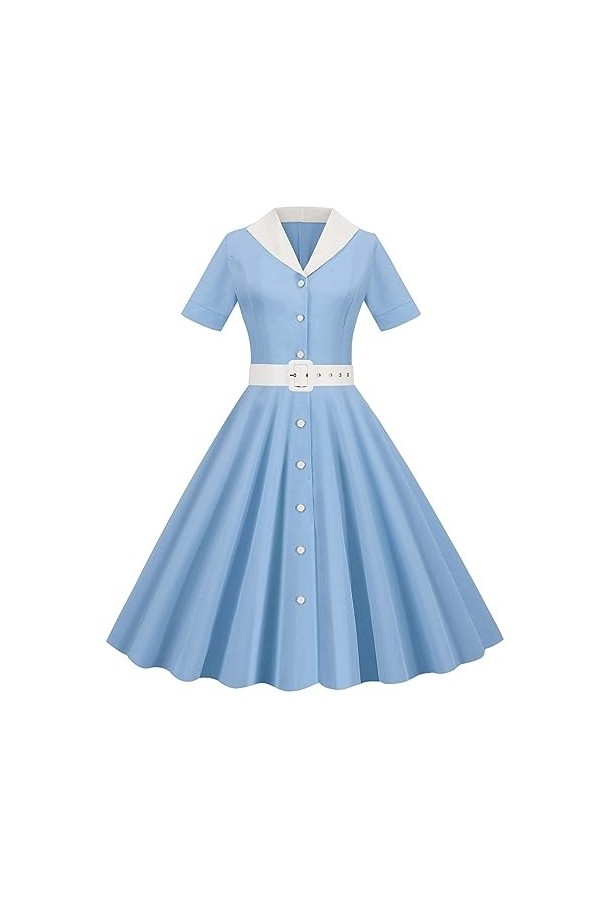Robe vintage Hepburn années 50 - Col à revers - Boutonné - Manches courtes - Bleu - Robe décontractée cintrée - Robe de plage