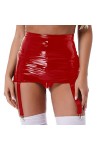 Womens Gothic Clubwear Mini Skirts Suspenders with Six Metal Buckle Clips Wet Look Patent Leather Garter Belt High Waist Skir