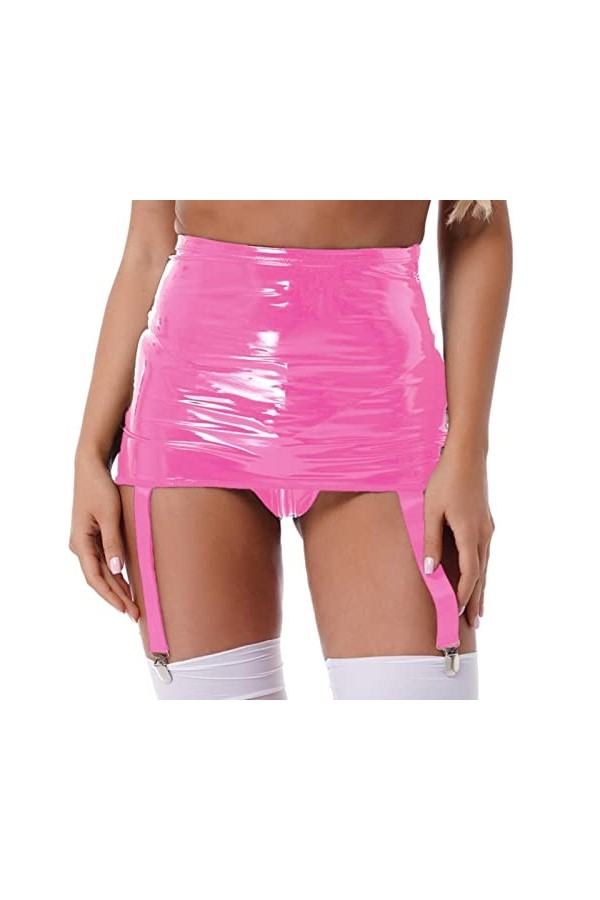 Womens Gothic Clubwear Mini Skirts Suspenders with Six Metal Buckle Clips Wet Look Patent Leather Garter Belt High Waist Skir