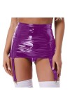 Womens Gothic Clubwear Mini Skirts Suspenders with Six Metal Buckle Clips Wet Look Patent Leather Garter Belt High Waist Skir