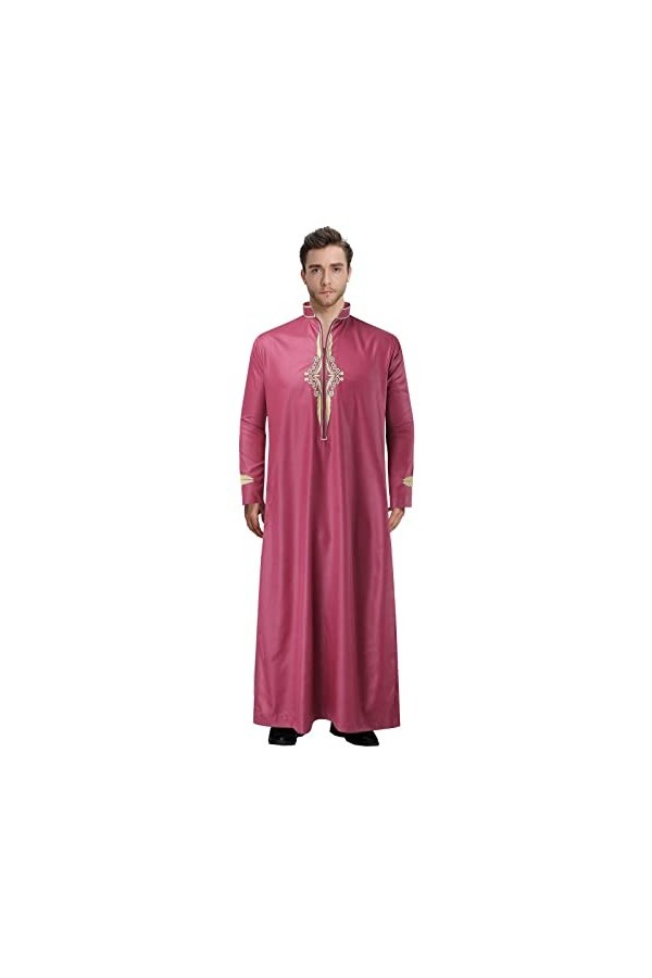 Mymyguoe Robe musulmane pour homme - Couleur unie - Col en V - En satin - Caftan - Arabe - Avec fermeture éclair - Pour le yo