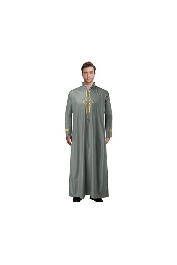 Mymyguoe Robe musulmane pour homme - Couleur unie - Col en V - En satin - Caftan - Arabe - Avec fermeture éclair - Pour le yo
