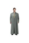 Mymyguoe Robe musulmane pour homme - Couleur unie - Col en V - En satin - Caftan - Arabe - Avec fermeture éclair - Pour le yo