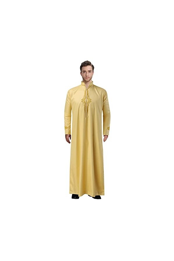 Mymyguoe Robe musulmane pour homme - Couleur unie - Col en V - En satin - Caftan - Arabe - Avec fermeture éclair - Pour le yo