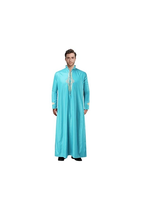 Mymyguoe Robe musulmane pour homme - Couleur unie - Col en V - En satin - Caftan - Arabe - Avec fermeture éclair - Pour le yo