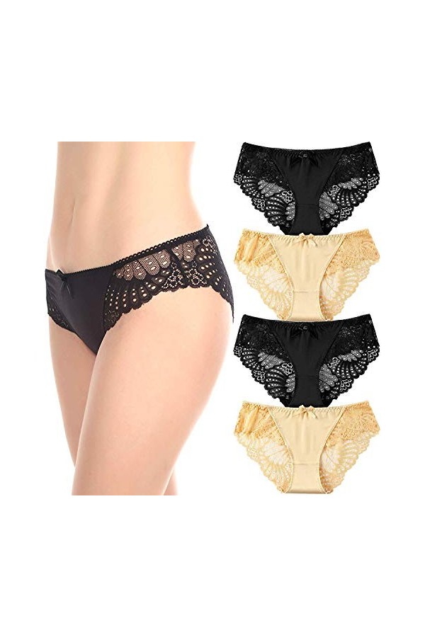 Coswe - Slip sexy extensible en soie et dentelle pour femme, L