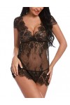 Sykooria Femme Lingerie Erothique Sexy Hot Dentelle Deux PièCes Nuisette Femme Sensuelle avec String V Col E-Noir L