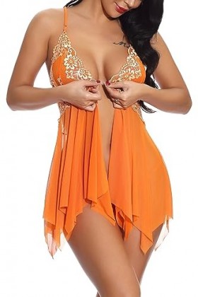 ONGASOFT Ensemble De Lingerie Sexy pour Femme Naughty Front Fermeture Ouvert Col V Babydoll avec String, Orange XL