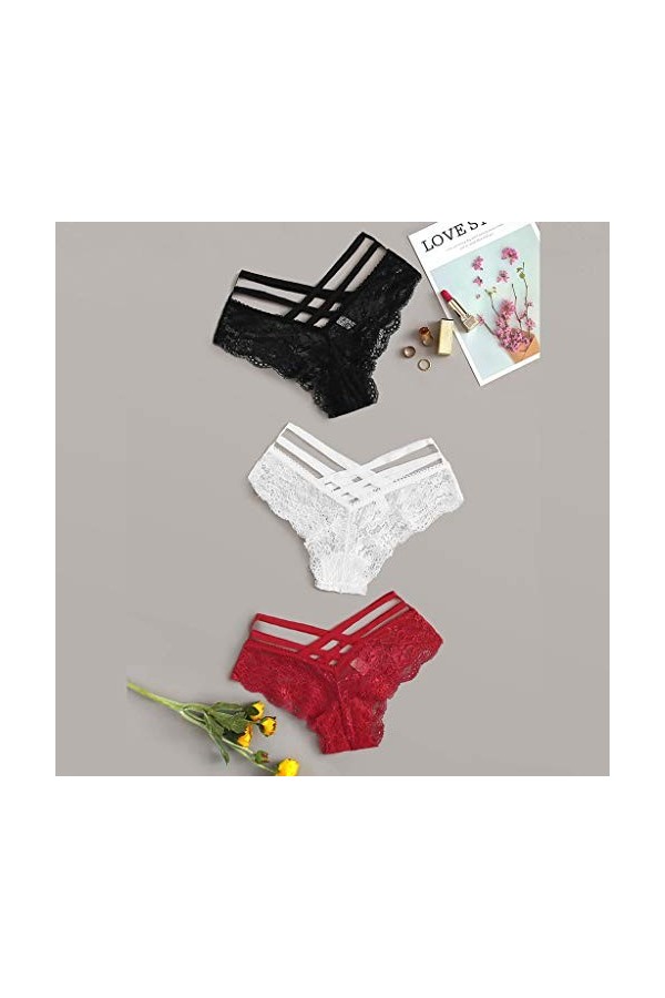 XmklovEyi 3PC Femme Sexy Ensemble Dentelle String Culotte T Back Lingerie Doux Confortable ÉLéGant Sexy Nightwear Culotte Cro