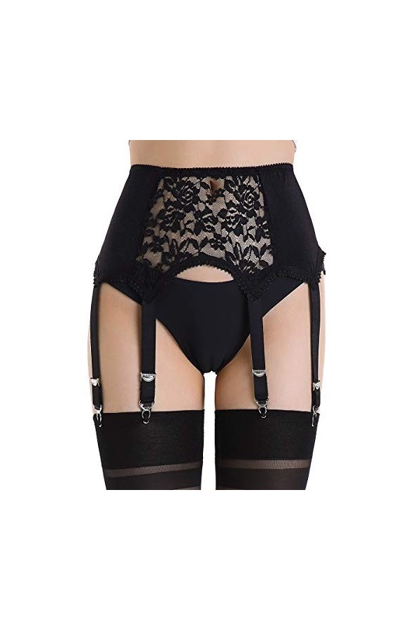 Alacki Porte-jarretelles creux style rétro avec 6 bretelles en dentelle florale, noir, Medium